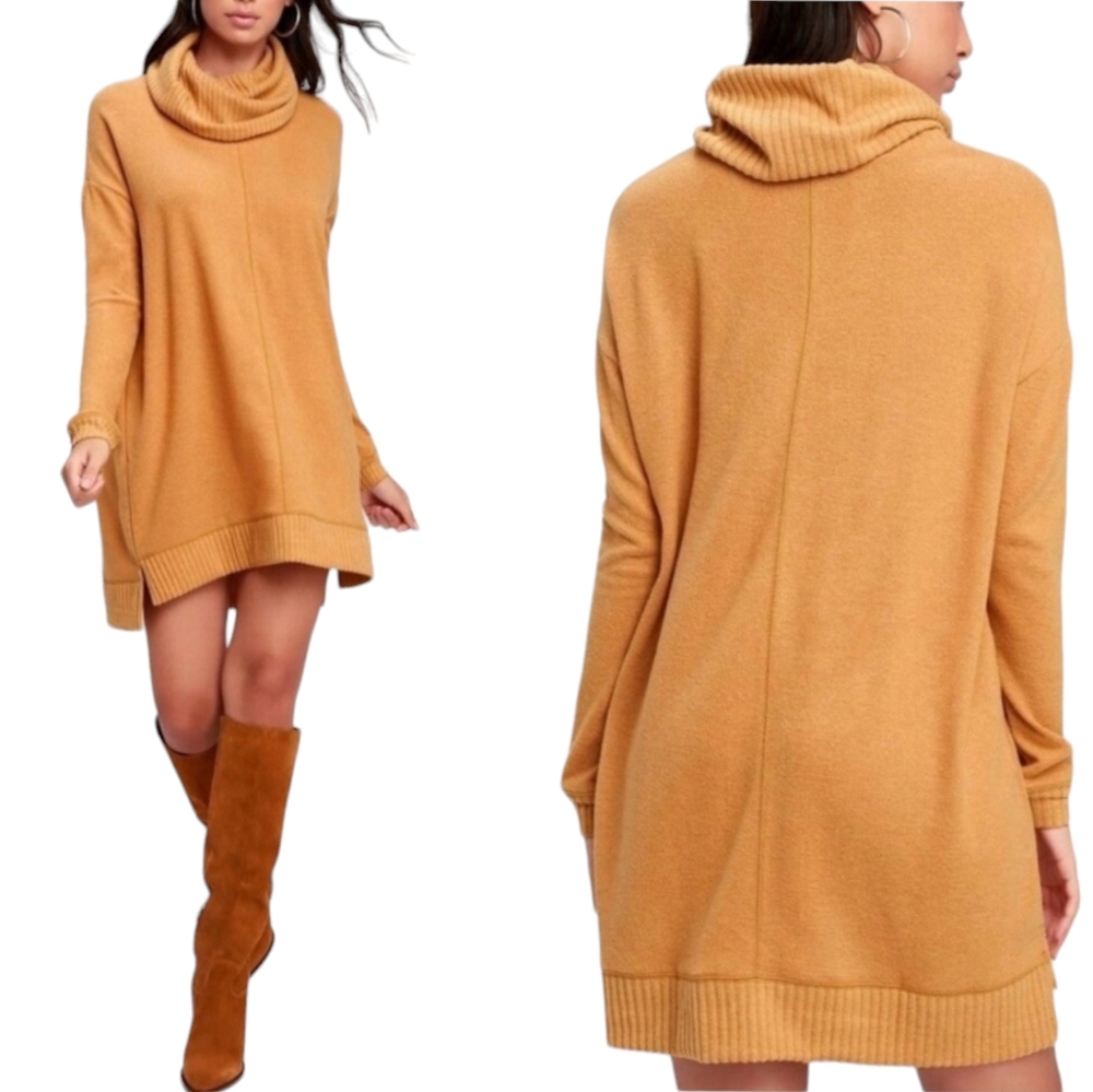 Lulus Autumn Daze Camel Cowl Neck Long Sleeve Sweater Dress Size Small